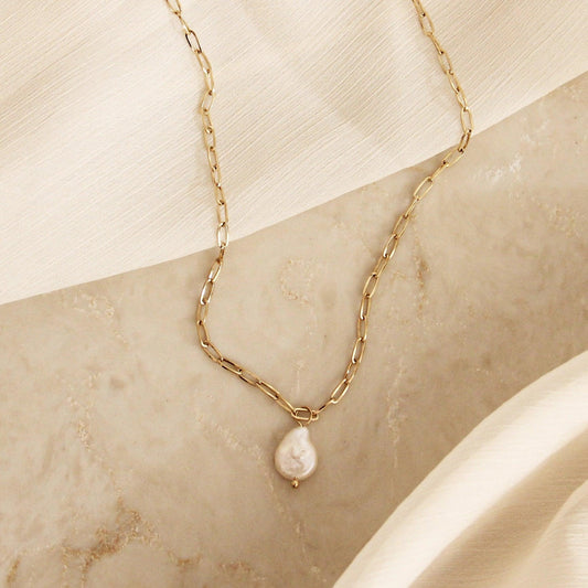 Gold Paper Clip Necklace with Baroque Pearl Charm