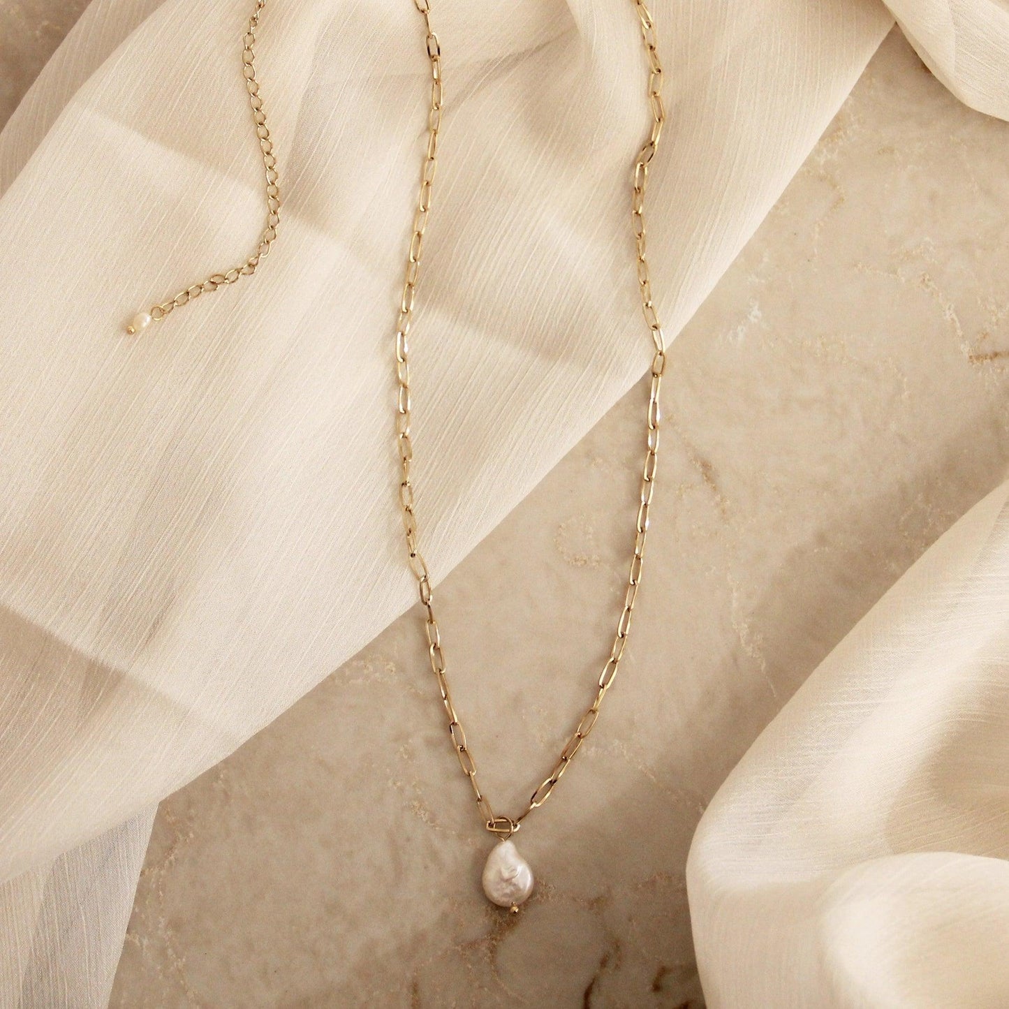 Gold Paper Clip Necklace with Baroque Pearl Charm