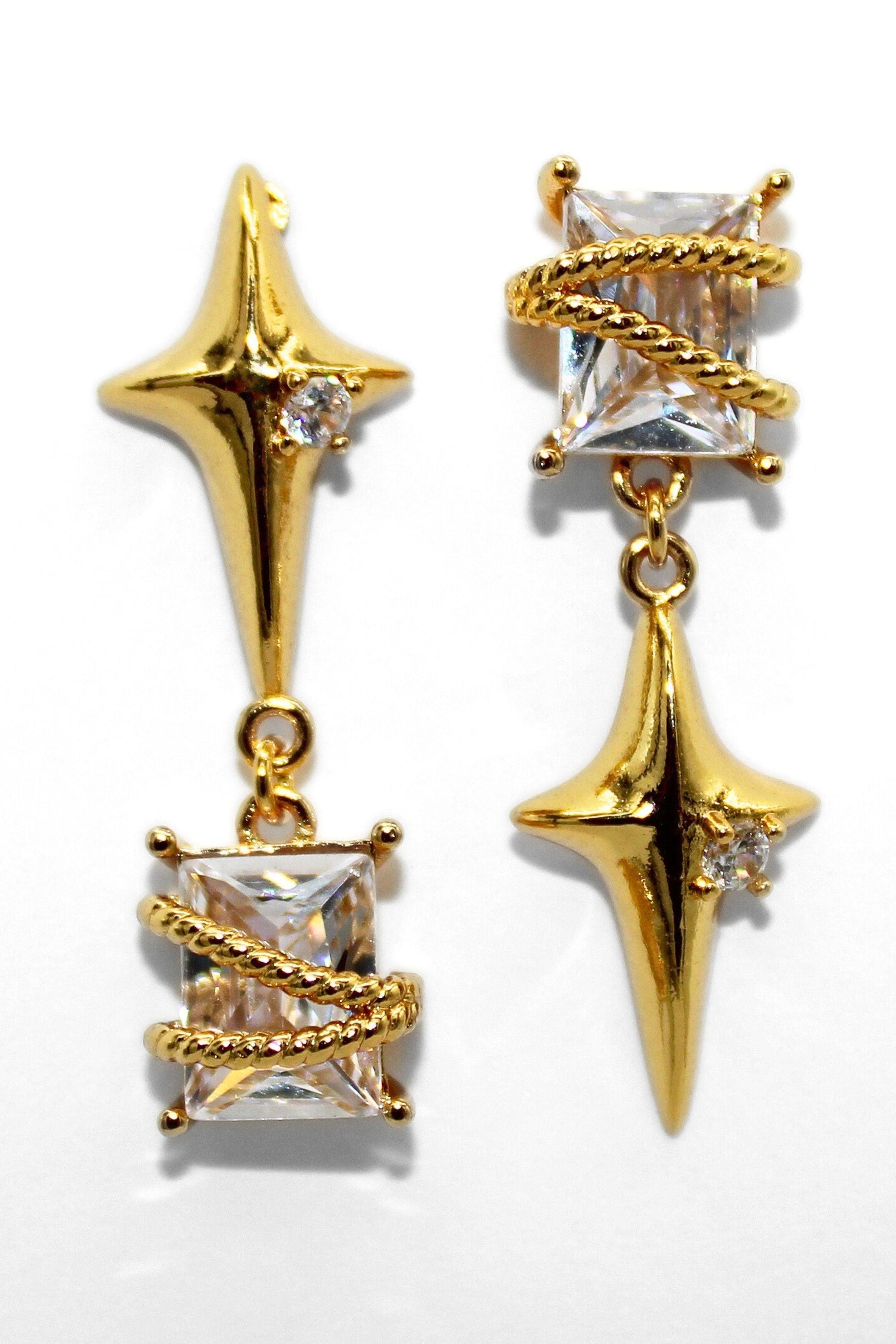 asymmetric star gold dangle earrings