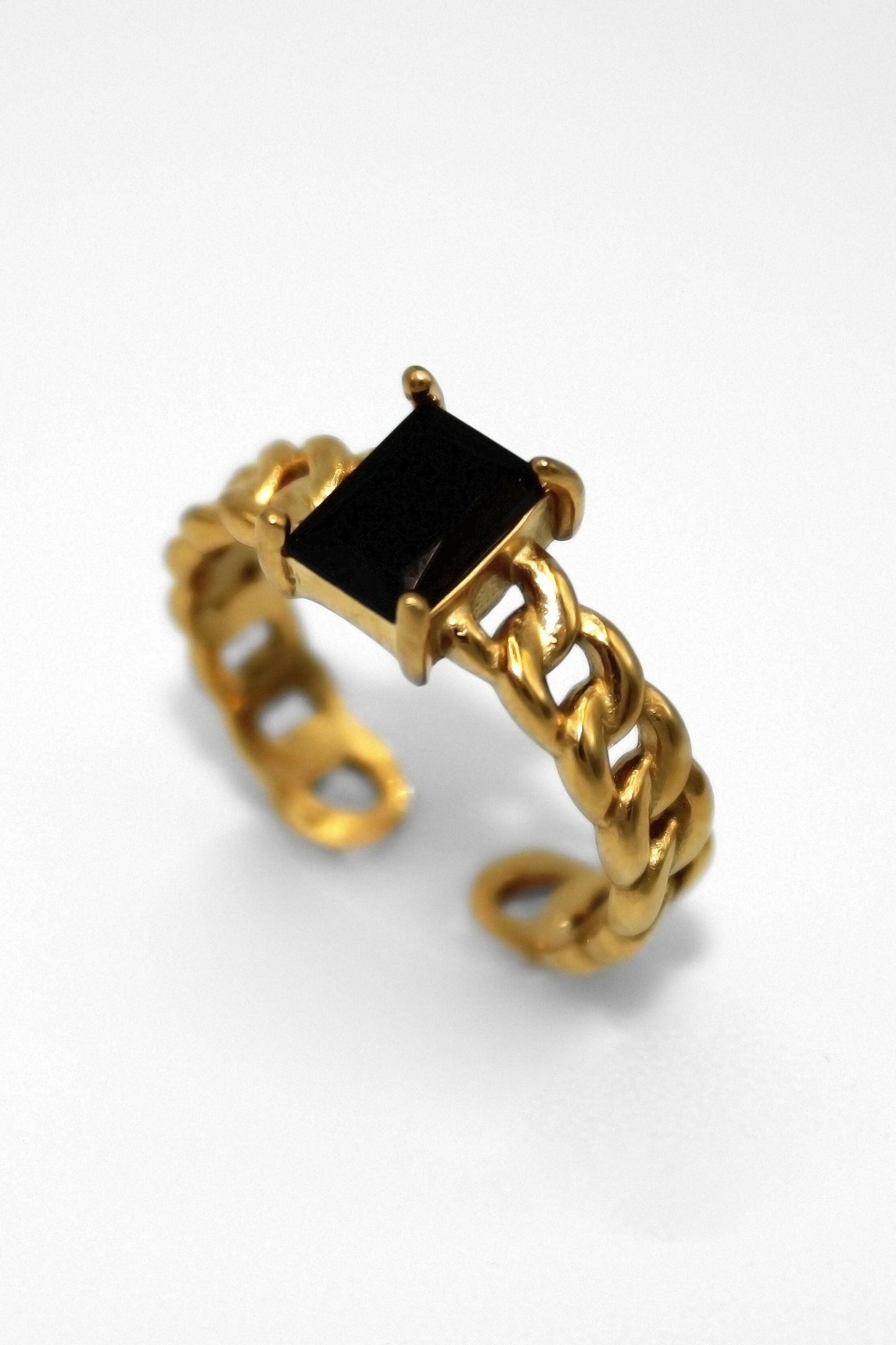 black adjustable ring with chain band